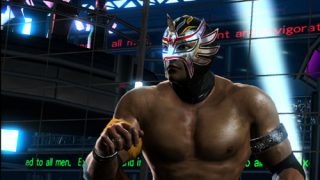 Screenshot from Virtua Fighter 5 video game showing a character wearing a lucha libre wrestling mask in a fighting stance in an arena.