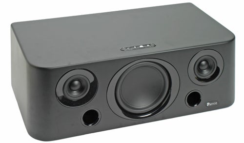 A Parrot Boombox with a black matte finish featuring two tweeters and a central subwoofer, the Parrot logo is visible on the bottom right.
