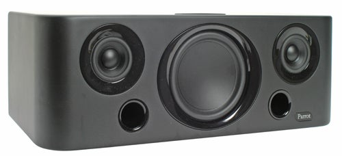 Black Parrot Boombox with two tweeters and one subwoofer on white background.