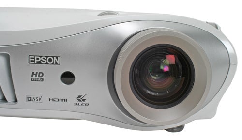 Close-up of an Epson EMP-TW700 HD Projector showing lens and connectivity ports with 