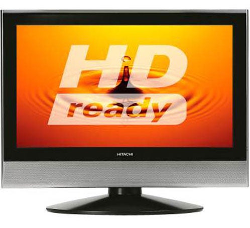 Hitachi 32LD9700 32-inch LCD television displaying an "HD ready" screen with prominent branding on a black bezel and silver stand.