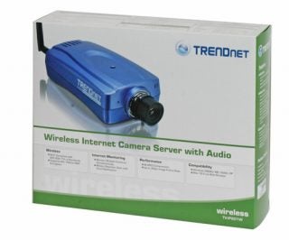 TRENDnet TV-IP201W Wireless Internet Camera Server with audio packaging box displaying the product and its features.