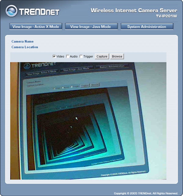 Screen capture of TRENDnet TV-IP201W Wireless Internet Camera Server's interface showing video feed with recursive effect from the camera pointing at its own display.