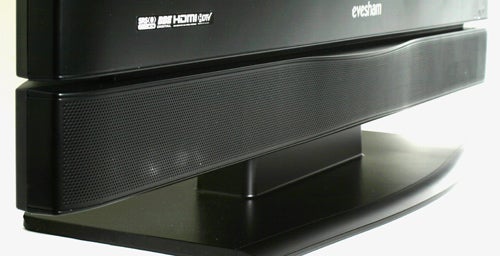 Close-up view of the Evesham 32in Alqemi TX LCD TV stand and lower bezel, displaying brand logo and HDMI connectivity label.