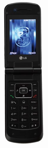 LG U830 HSDPA flip phone displayed open with a blue abstract wallpaper on the screen, showcasing the internal keypad and navigation buttons.
