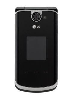 Black LG U830 HSDPA flip phone closed, displaying front with camera and external screen with music control buttons.