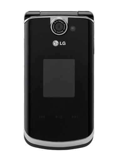 Black LG U830 HSDPA flip phone closed, displaying front with camera and external screen with music control buttons.