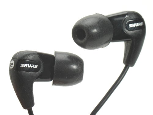 Shure SE210 Noise Isolating Earphones with black foam ear tips against a white background.