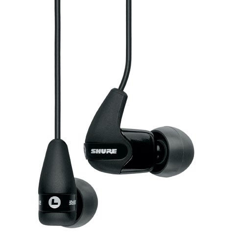 Shure SE210 noise isolating earphones with black earpieces displaying the Shure logo.
