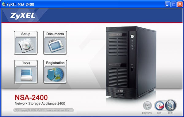 ZyXEL NSA-2400 network storage appliance with interface icons.