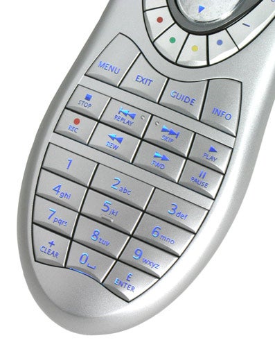 Logitech Harmony 895 Universal Remote Control with silver finish, showing a detailed view of the button layout including numerical keypad, navigation controls, and shortcut buttons for menu, guide, and info.