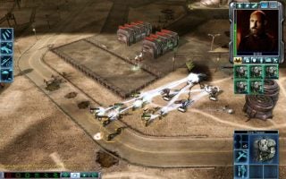 Screenshot of gameplay from Command and Conquer 3: Tiberium Wars showing a real-time strategy scene with multiple attack helicopters engaging a ground target near a military base, an in-game sidebar with unit and structure options, and a video feed of a character speaking to the player.