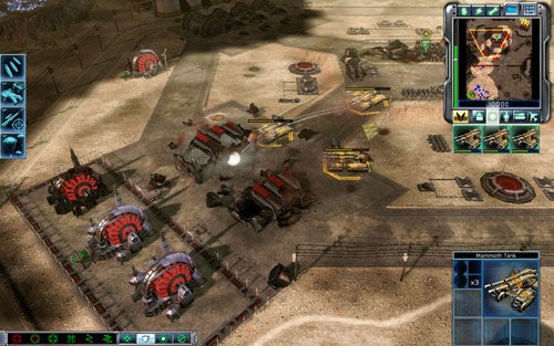 Screenshot of Command and Conquer 3: Tiberium Wars gameplay showing a base with various military units and structures, alongside an in-game user interface with a minimap, menus, and unit information.