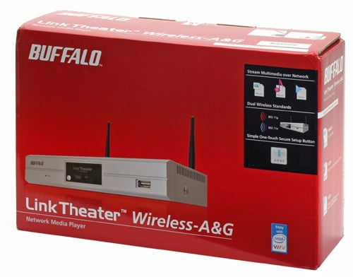 Buffalo LinkTheater Wireless-A&G Network Media Player packaging box with product image and features listed on the side.