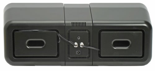 Close-up view of the Acoustic Energy AE29-06C Bluetooth Speaker System showing its central control panel with connectivity ports and buttons, flanked by two speaker units.