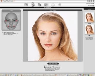 Screenshot of Reallusion FaceFilter Studio 2.0 software interface showing facial editing tools applied to a woman's portrait with key points on facial features for precise adjustments.