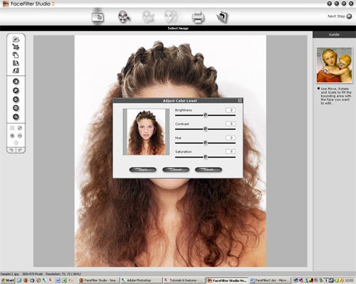Screenshot of Reallusion FaceFilter Studio 2.0 software interface with a color level adjustment window open over a woman's portrait.