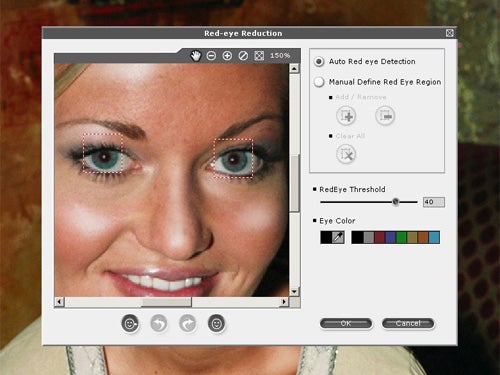 Screenshot of Reallusion FaceFilter Studio 2.0 software being used for red-eye reduction on a woman's portrait.