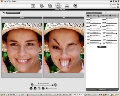 Screenshot of Reallusion FaceFilter Studio 2.0 software with a before and after comparison of a woman's photo, showing photo editing capabilities.