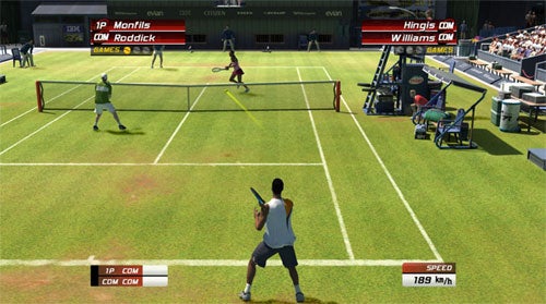 Screenshot of Virtua Tennis 3 gameplay showing a doubles match on a grass court with player indicators above each character and a speed measurement for a serve at 189 km/h.