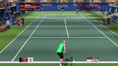 Screenshot from Virtua Tennis 3 video game showing a tennis match on a green court with a player preparing to serve; scoreboard indicates the server is leading 15-0.