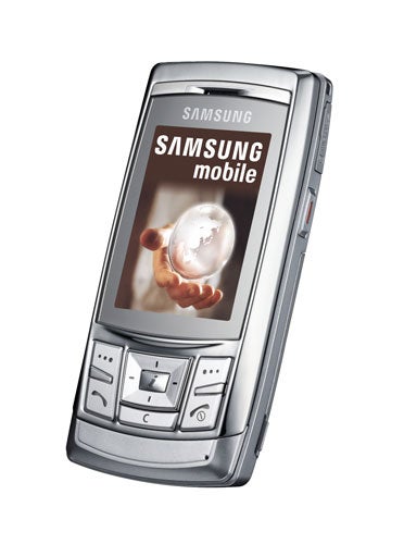 Samsung SGH-D840 silver slider mobile phone with a screen displaying the brand logo and a hand holding a glowing orb.