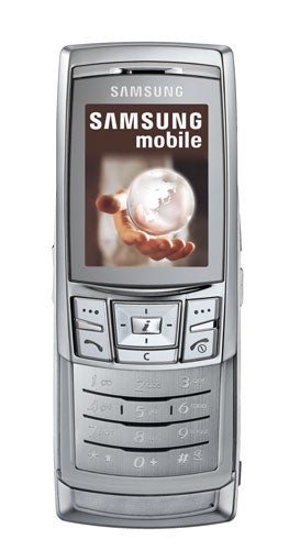 Samsung SGH-D840 silver slider phone with a screen displaying the Samsung mobile logo and a crystal ball in a hand.