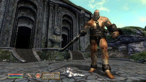 A screenshot from The Elder Scrolls IV: Shivering Isles showing a large character wielding a massive club standing over a defeated enemy, with classical architecture and statues in the background.