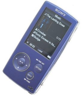 Sony Walkman NW-A805 MP3 player in blue with screen displaying the music track list.