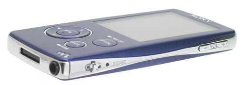 Sony Walkman NW-A805 in blue color with a display, navigation buttons, and volume control, against a white background.