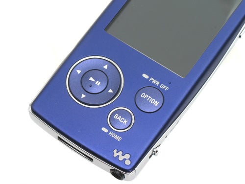Blue Sony Walkman NW-A805 MP3 player focusing on the circular navigation pad, buttons, and screen.