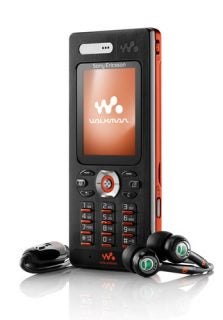 Sony Ericsson W880i mobile phone in black with orange accents, displaying the Walkman logo on its screen, accompanied by its black and green earbuds.