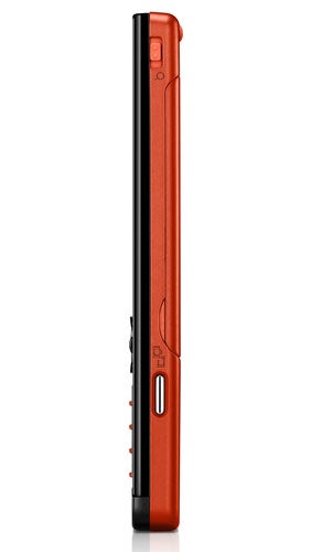 Side view of a Sony Ericsson W880i mobile phone in black and orange colors, showcasing its slim profile and button layout.