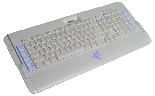 Razer Pro|Type Keyboard with white keys and backlighting, featuring the Razer logo on the bottom right corner.