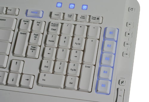 Close-up view of Razer Pro|Type Keyboard highlighting white keycaps and backlit blue LED indicators for Num Lock, Caps Lock, and other function keys.