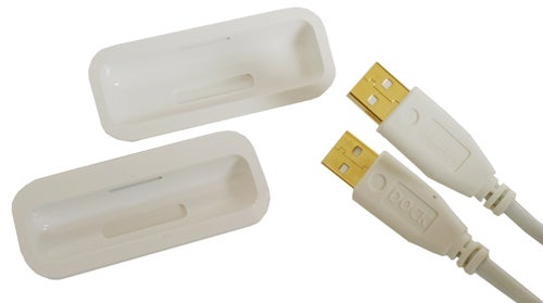 Two white Razer USB wireless receivers beside a USB cable with gold-plated connectors.