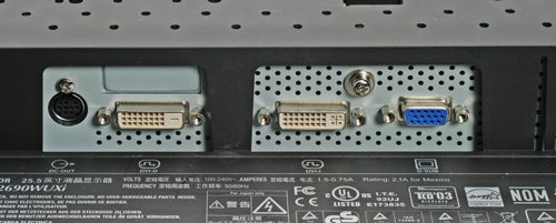 Close-up of the connectivity ports on the NEC MultiSync LCD2690WUXi monitor including DVI-I, DVI-D, and VGA ports.