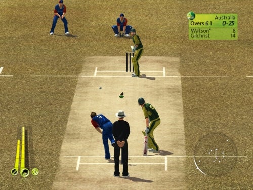 Screenshot from Brian Lara International Cricket 2007 video game showing a gameplay moment with an Australian batsman and wicketkeeper in position on a cricket field, with game HUD displaying the score and player names.