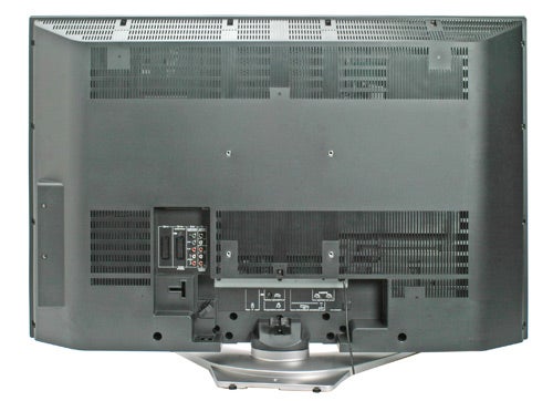 Rear view of a Toshiba Regza 42C3030D 42-inch LCD television showing input ports and stand.