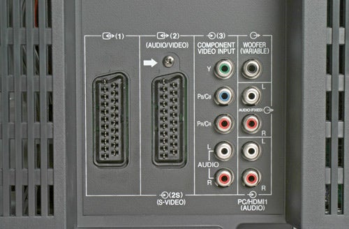 Close-up of the back panel of a Toshiba Regza 42C3030D LCD TV showcasing various input connections including SCART, component video, S-Video, and HDMI ports.