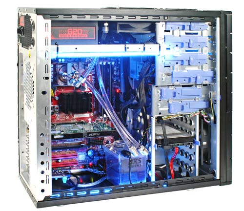 Open gaming PC case showing internal components and blue lighting.