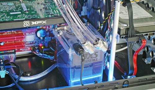 Interior of Scan 3XS OC-GTS Gaming PC showing water cooling system.