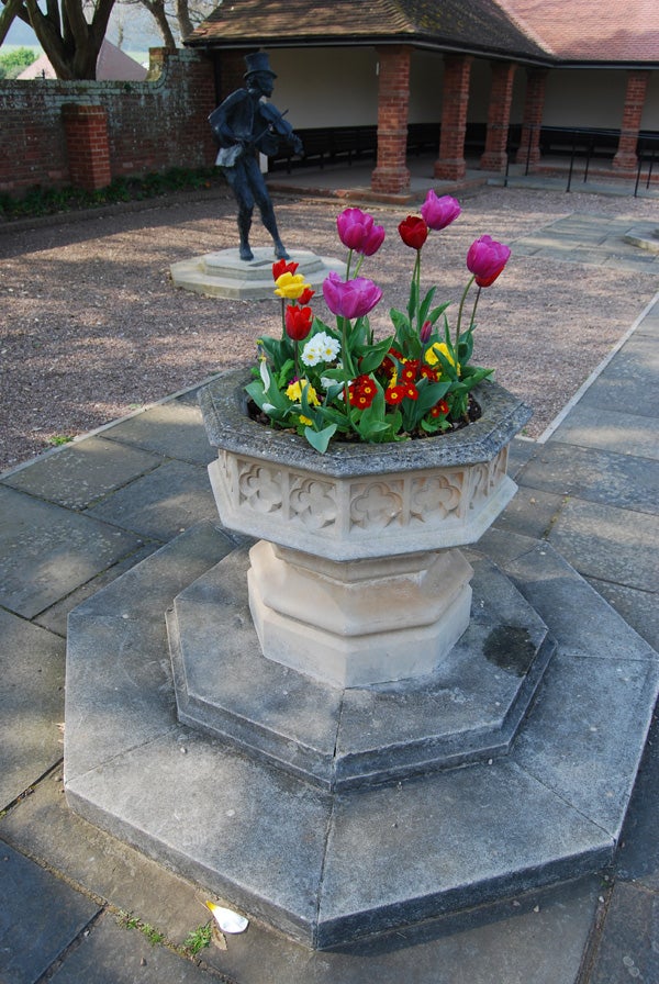 A vibrant photo taken with a Nikon D40x showcasing a stone planter filled with colorful tulips and other flowers, with a statue of a man in the background, demonstrating the camera's ability to capture detail and color in outdoor lighting conditions.