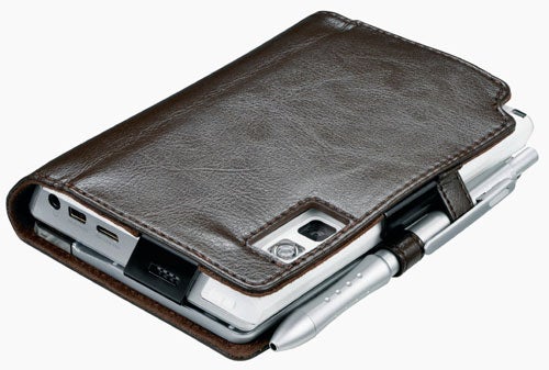 T-Mobile Ameo Windows Mobile device partially encased in a brown leather flip cover showing some ports and a stylus.