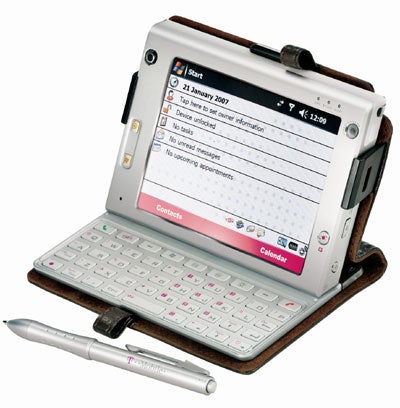 T-Mobile Ameo Windows Mobile device in open position with QWERTY keyboard on display, stylus, and leather case standing on a surface. The screen shows the start menu with calendar and email applications visible.