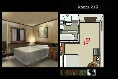 Two-panel image showing a comparison between a real hotel room and a game representation of Hotel Dusk: Room 215; the left side shows a photograph of a real hotel room with a bed, nightstand, and window, while the right side displays an in-game screen capture of a layout diagram titled 