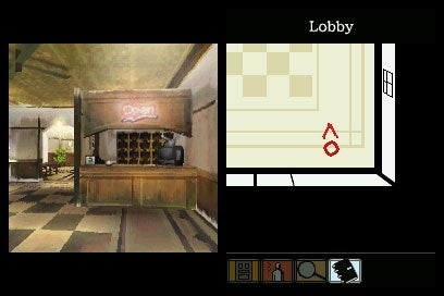 Screenshot from the video game 'Hotel Dusk: Room 215' showing the game's user interface with a view of the lobby area and the interactive map on the upper screen, and the inventory and navigation controls on the lower screen.
