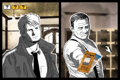 Split-screen image from the video game Hotel Dusk: Room 215 showing two characters, one is a young man with a serious expression and the other is an older man holding a ticket, with a graphic novel-style art design.