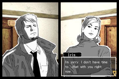 A split-screen image from the Nintendo DS game Hotel Dusk: Room 215, showing a conversation between a male character with stubble and a grim expression on the left, and a female character named Iris on the right, who is wearing a turtleneck and speaking a dialogue line that reads 