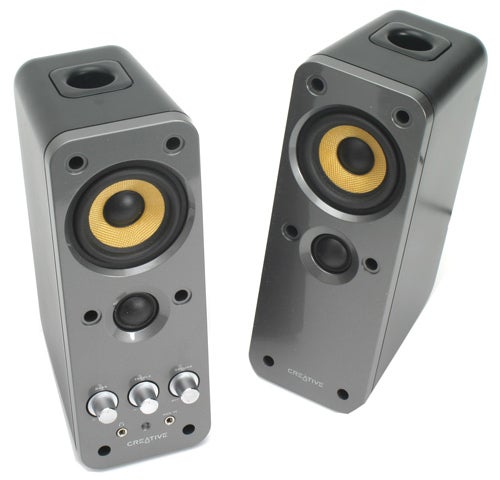 Creative GigaWorks T20 Series II 2.0 Multimedia Speakers with BasXPort technology, front bass control knob, and matte black finish with yellow concentric circle drivers.